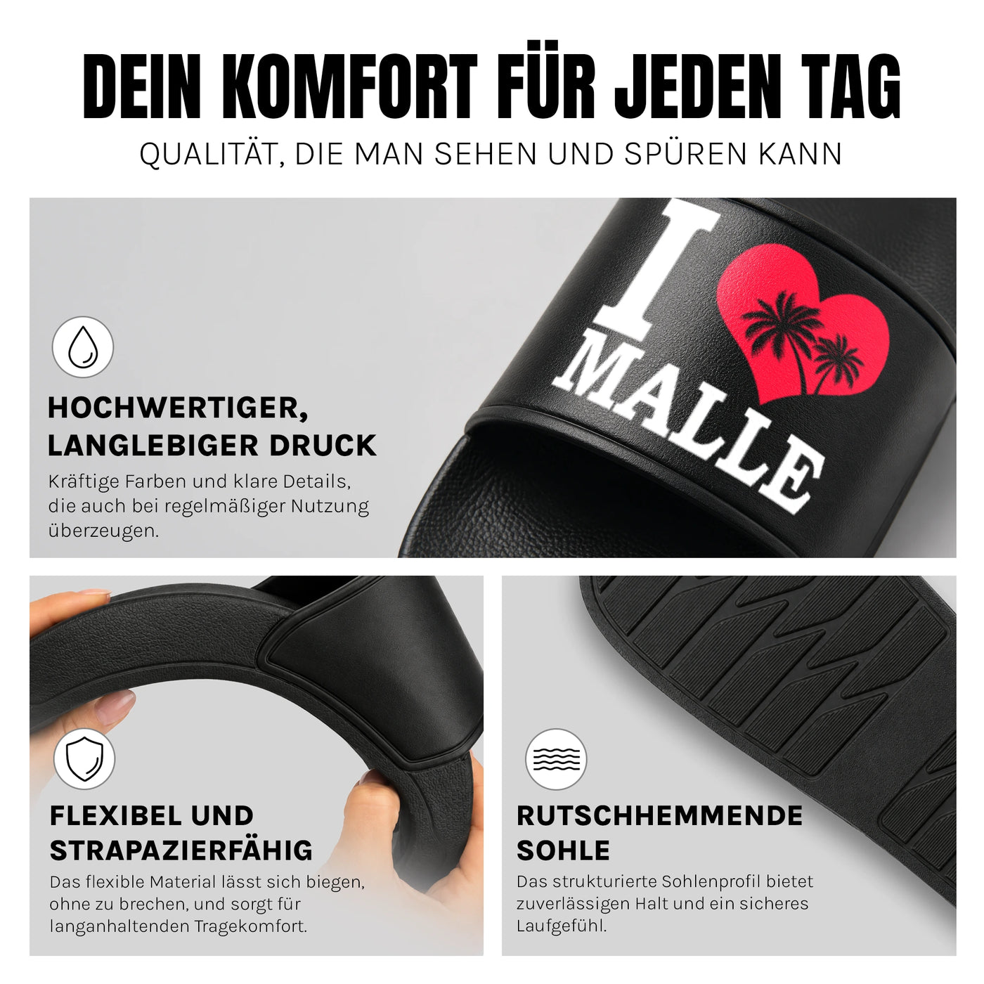 I Love Malle - Badelatschen: Komfort, Druckqualität und rutschhemmende Sohle