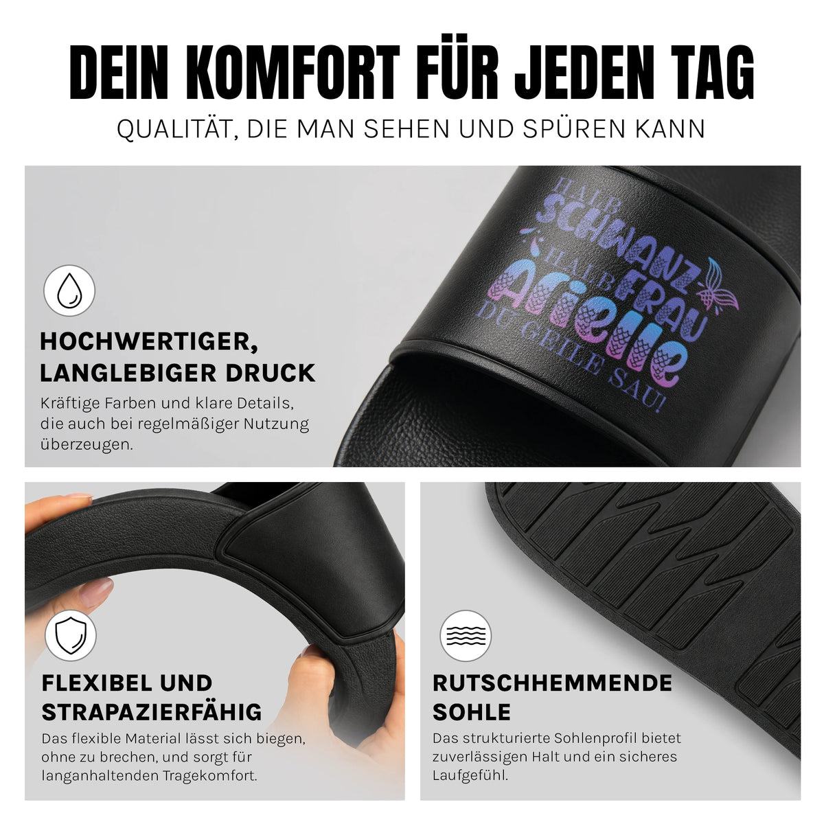 Halb Schwanz Halb Frau - Badelatschen: Komfort, Druckqualität und rutschhemmende Sohle
