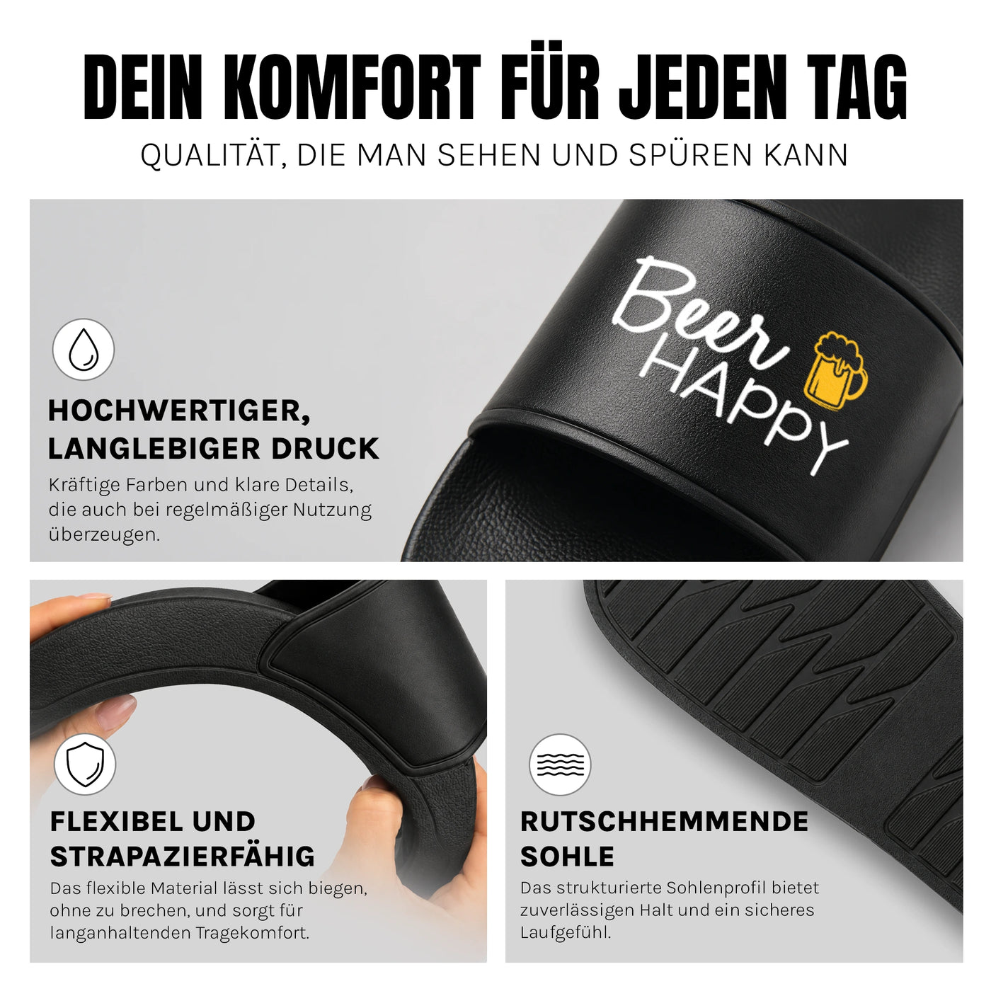 Beer happy - Badelatschen: Komfort, Druckqualität und rutschhemmende Sohle