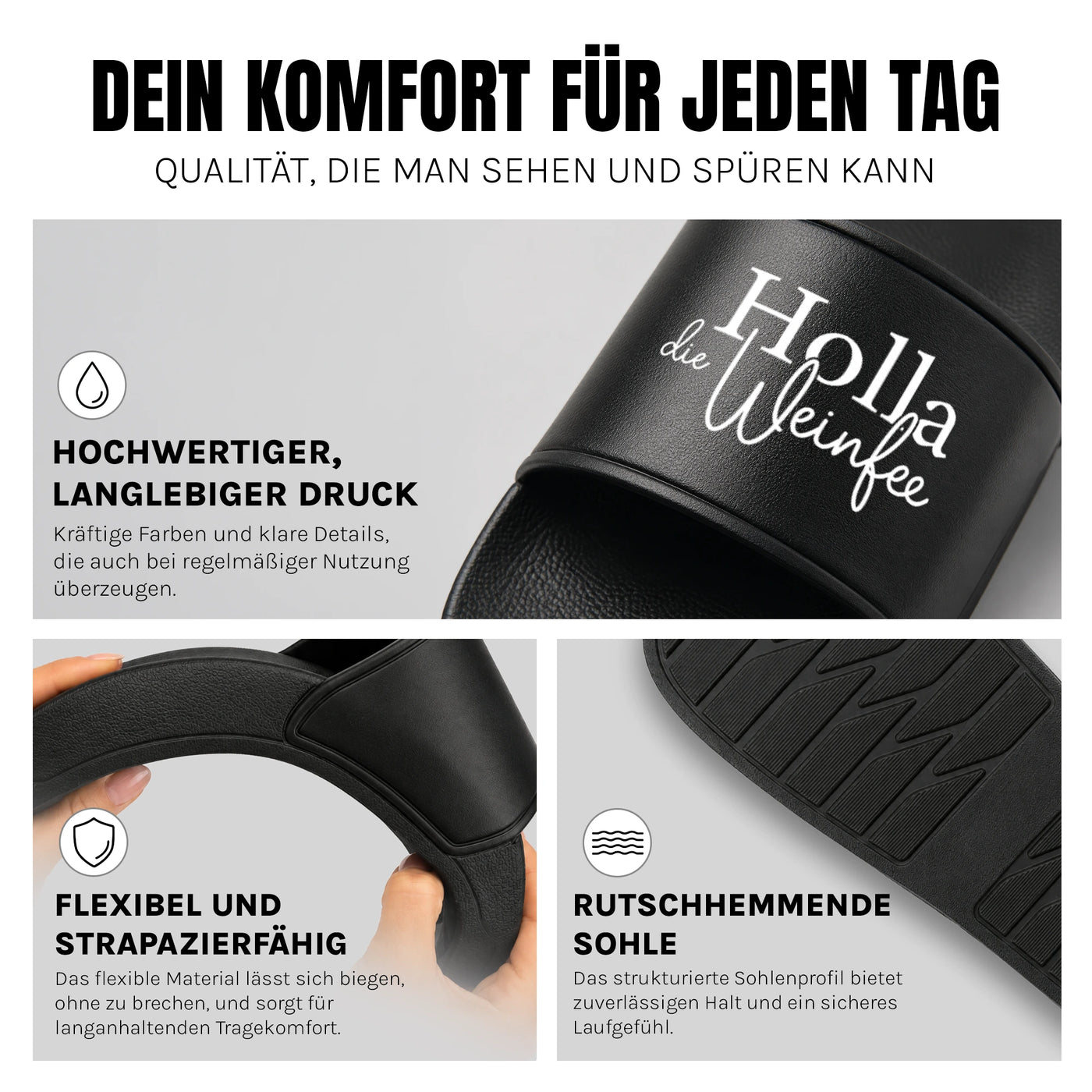Holla die Weinfee - Badelatschen: Komfort, Druckqualität und rutschhemmende Sohle