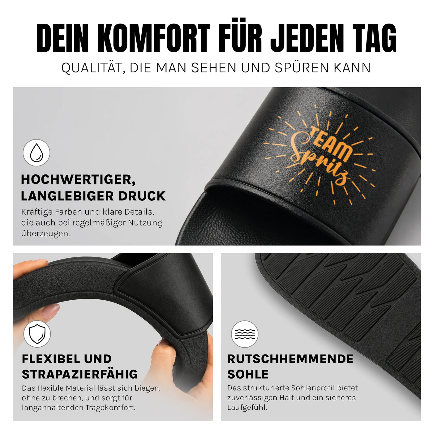 Team Spritz - Badelatschen: Komfort, Druckqualität und rutschhemmende Sohle
