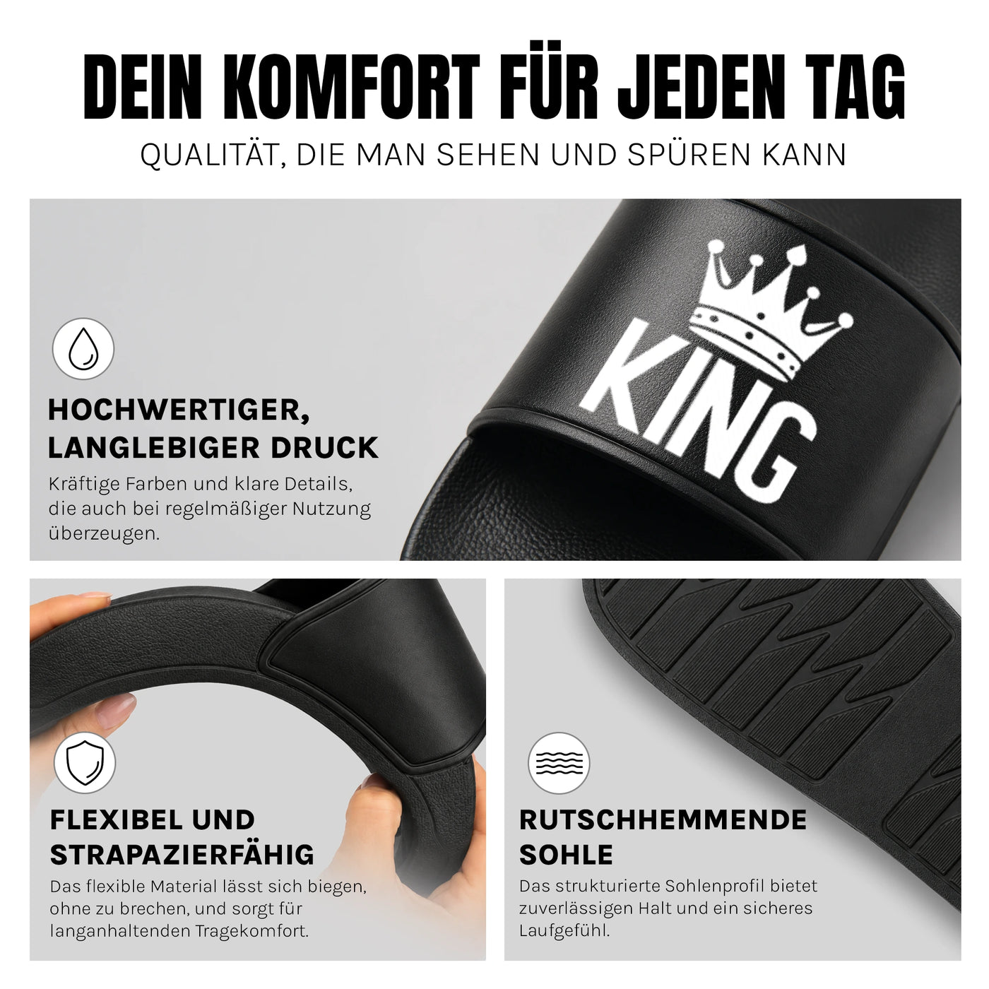 King - Badelatschen: Komfort, Druckqualität und rutschhemmende Sohle