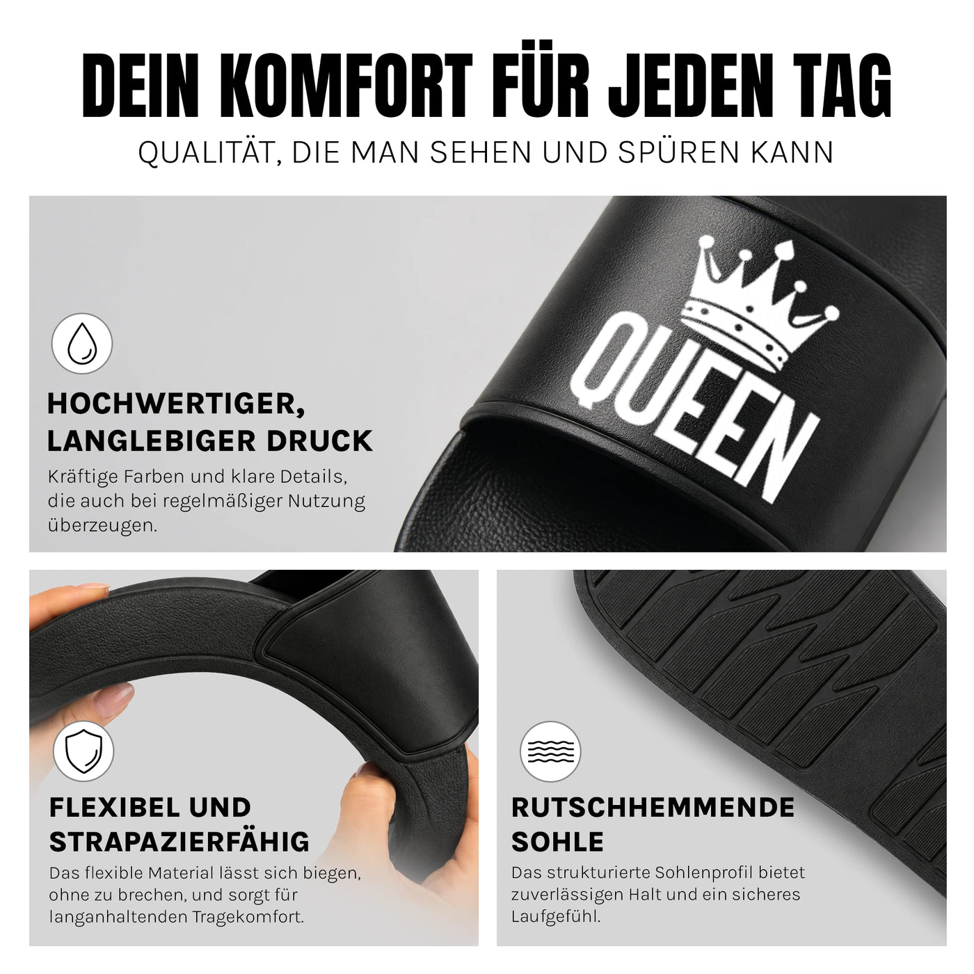 Queen - Badelatschen: Komfort, Druckqualität und rutschhemmende Sohle