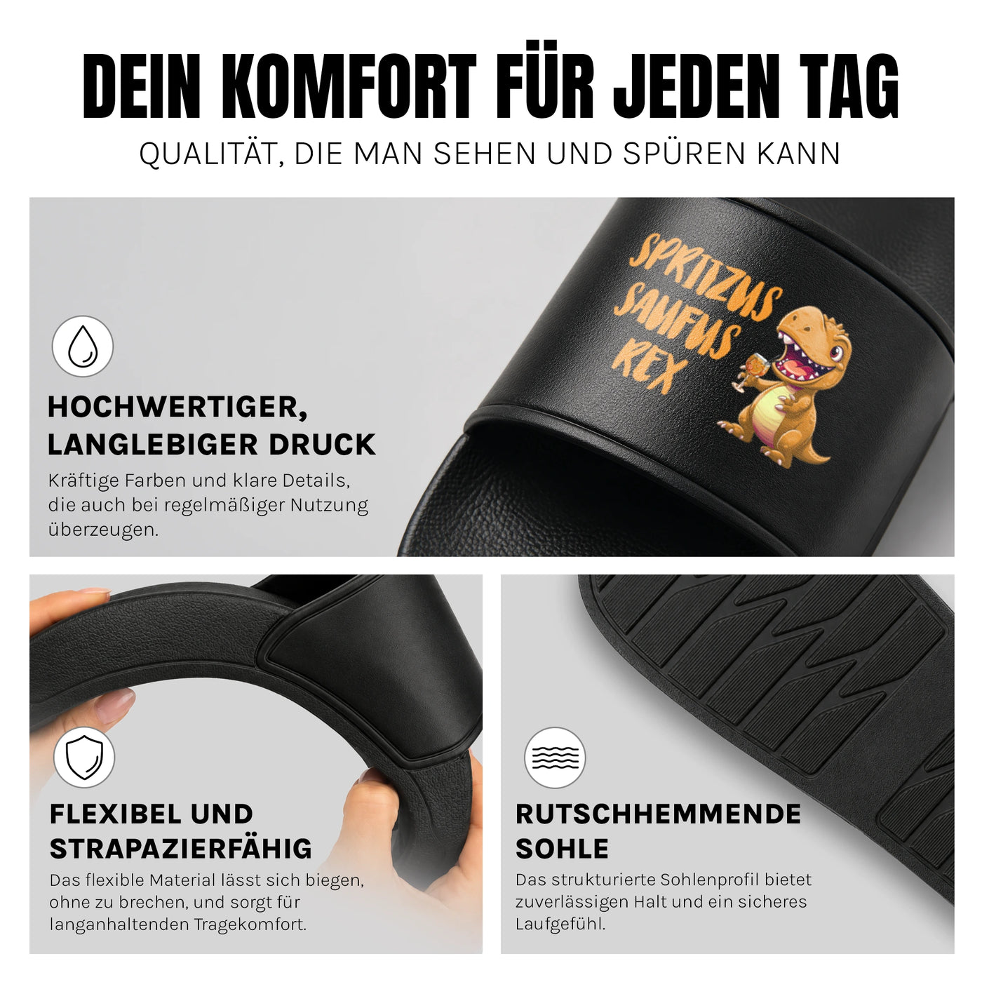 Spritzus Saufus Rex - Badelatschen: Komfort, Druckqualität und rutschhemmende Sohle
