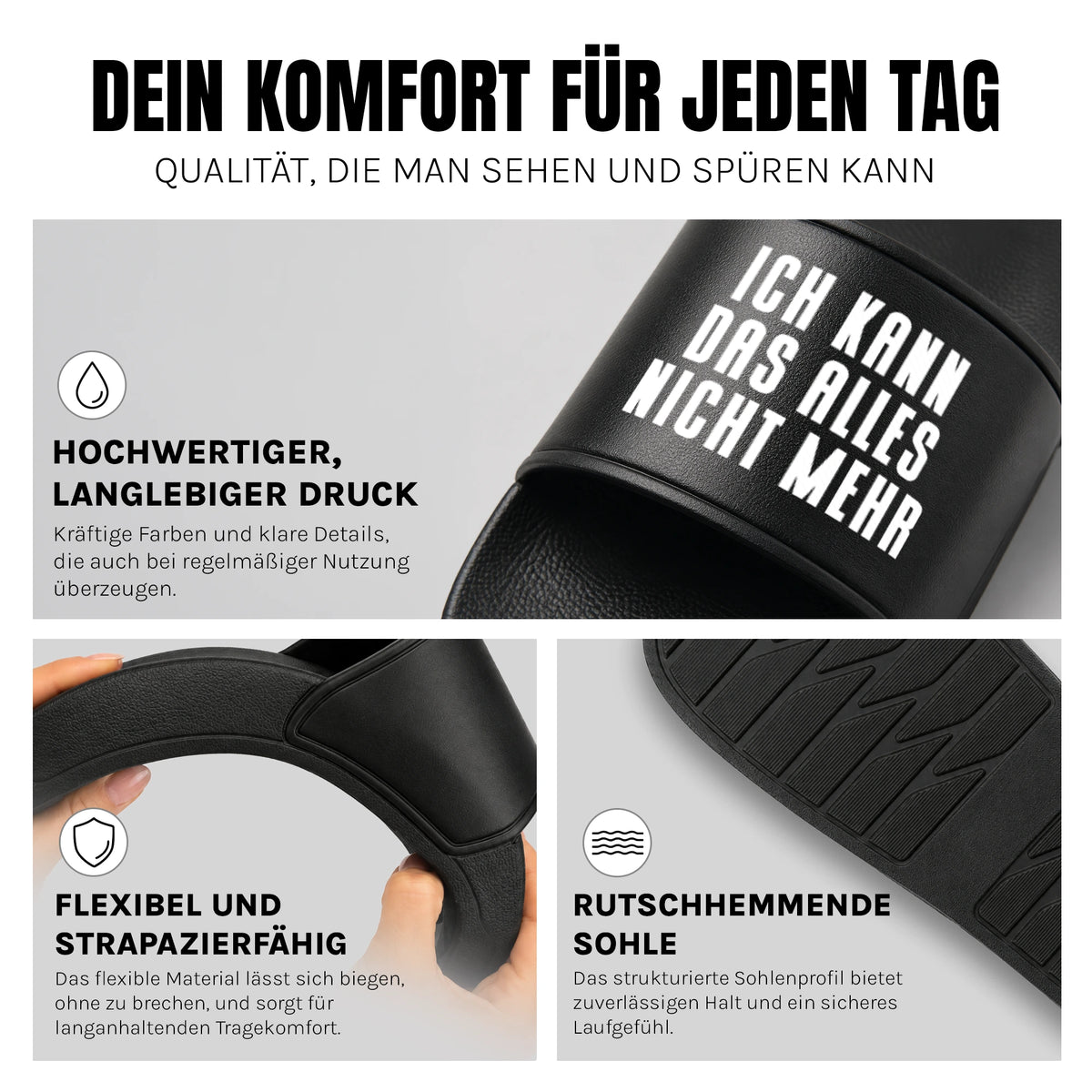 Ich kann das alles nicht mehr - Badelatschen: Komfort, Druckqualität und rutschhemmende Sohle
