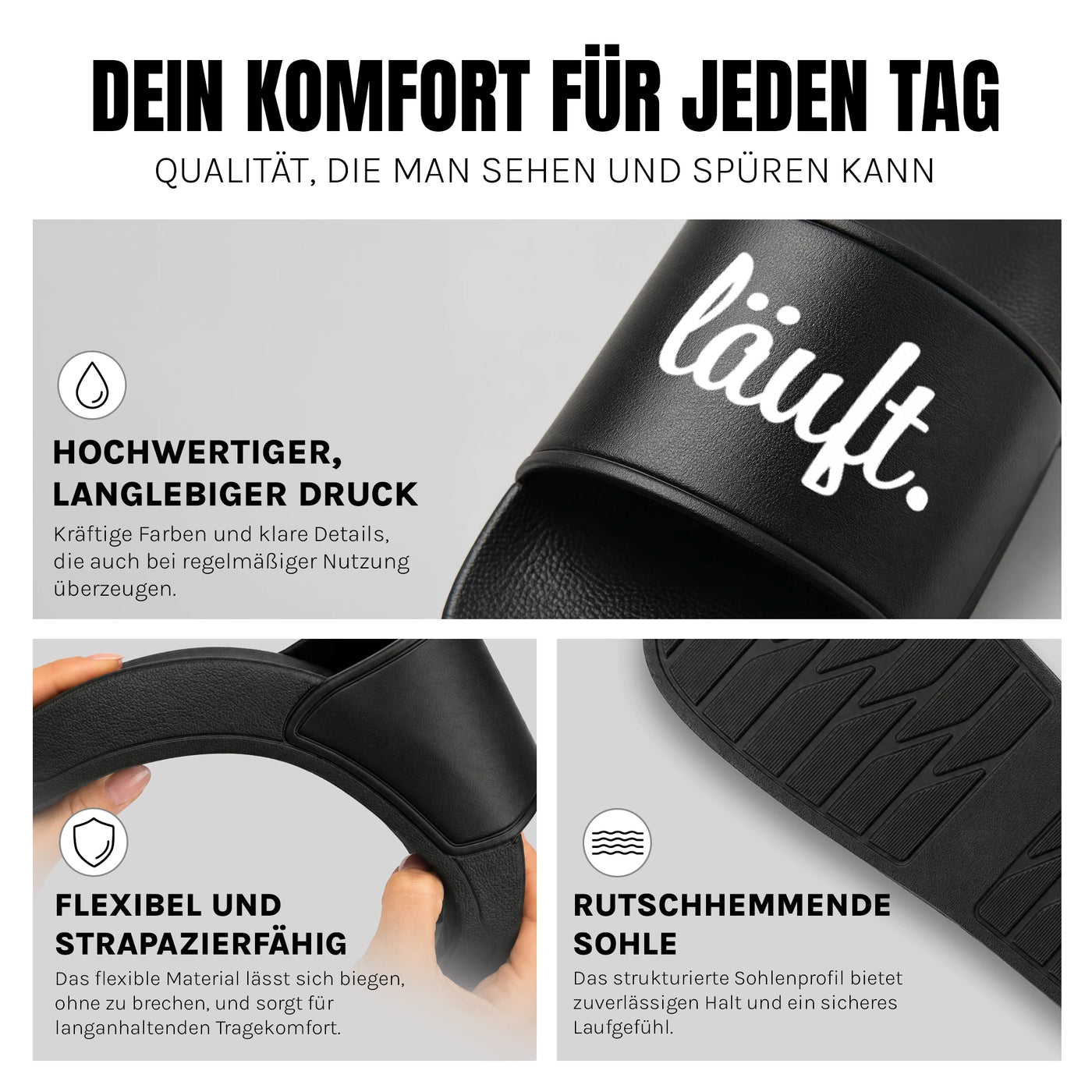 Läuft - Badelatschen: Komfort, Druckqualität und rutschhemmende Sohle