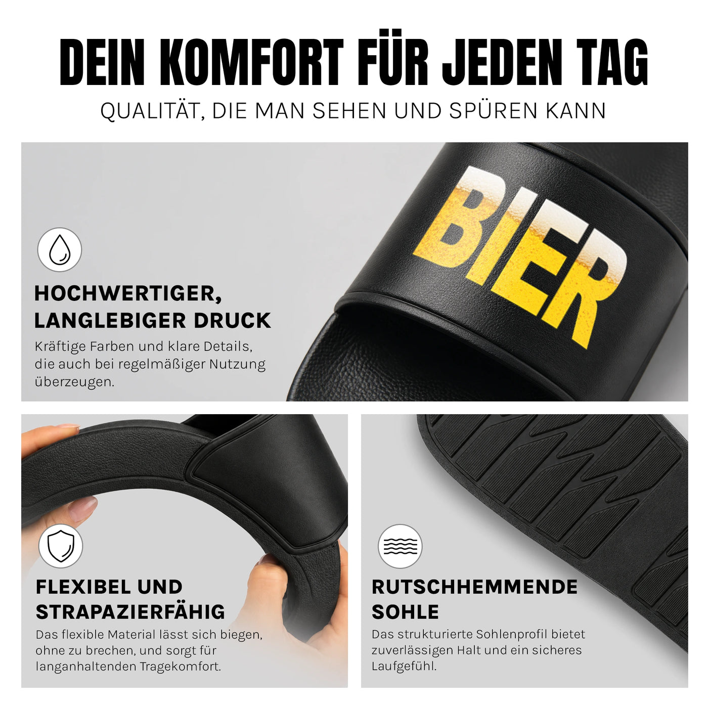 Bier - Badelatschen: Komfort, Druckqualität und rutschhemmende Sohle
