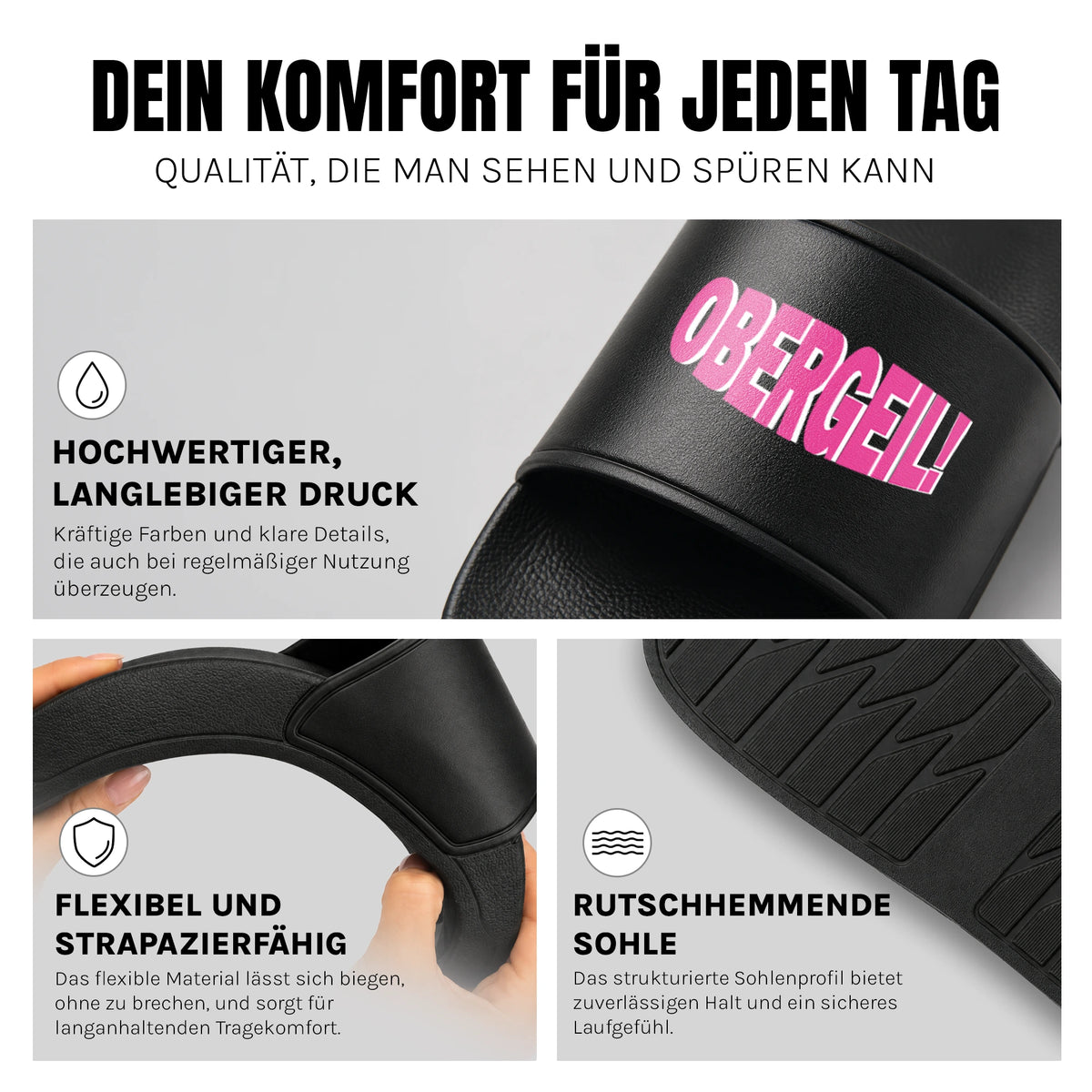 Obergeil - Badelatschen: Komfort, Druckqualität und rutschhemmende Sohle