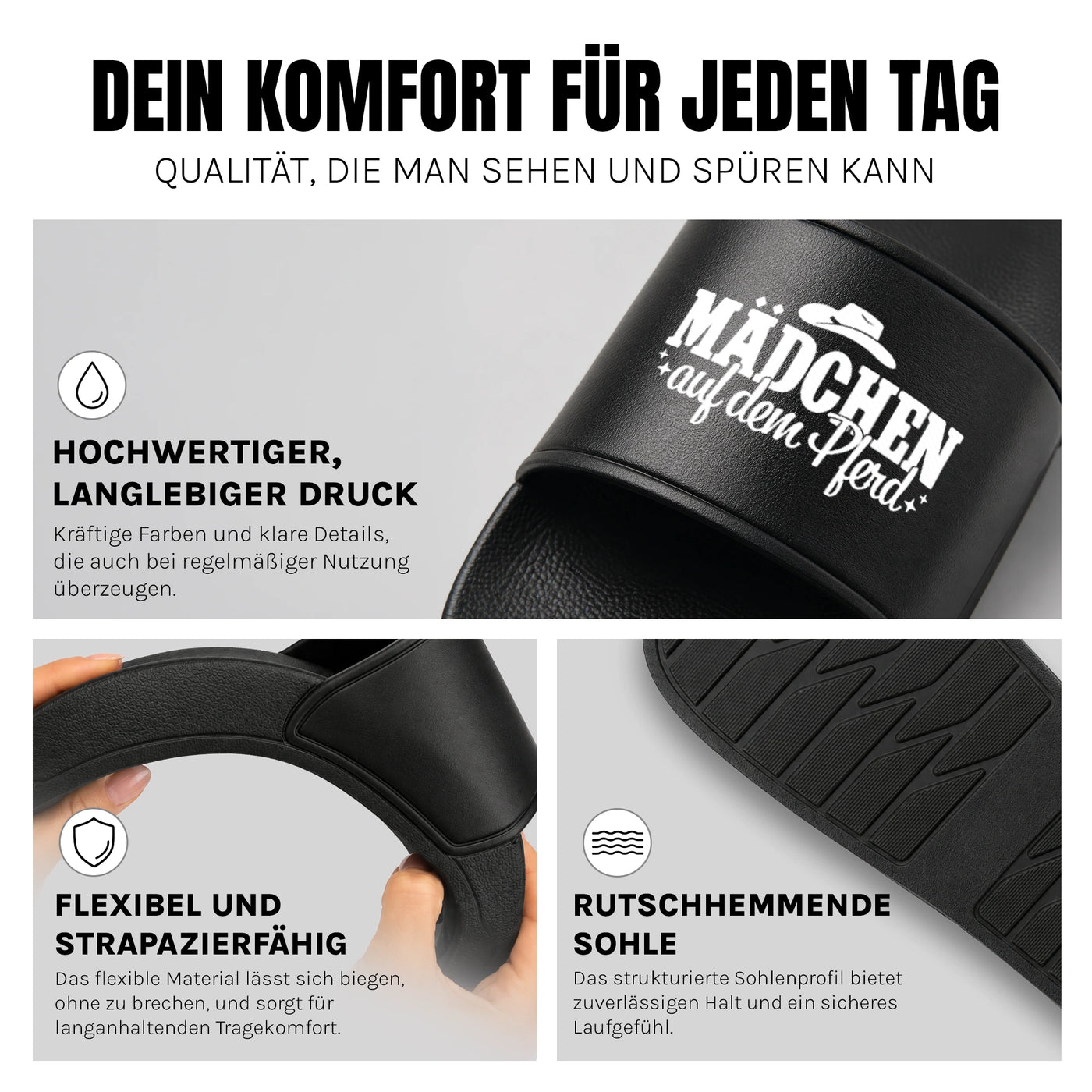 Mädchen auf dem Pferd - Badelatschen: Komfort, Druckqualität und rutschhemmende Sohle