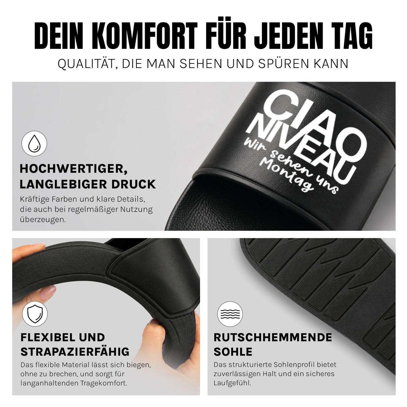 Ciao Niveau - Badelatschen: Komfort, Druckqualität und rutschhemmende Sohle