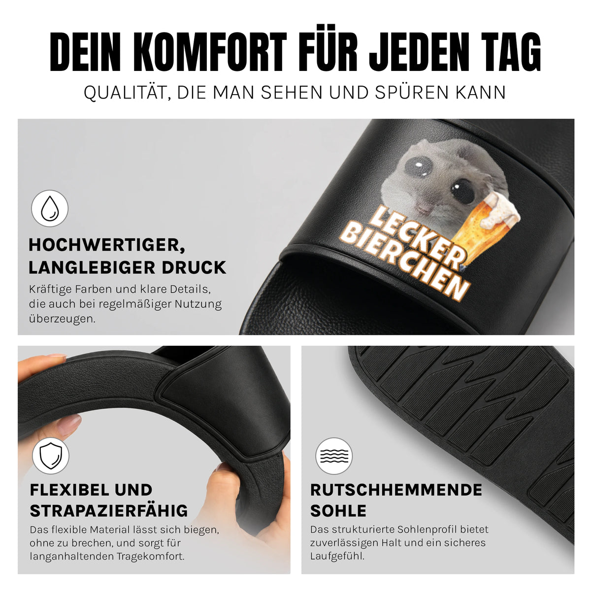 Lecker Bierchen - Badelatschen: Komfort, Druckqualität und rutschhemmende Sohle