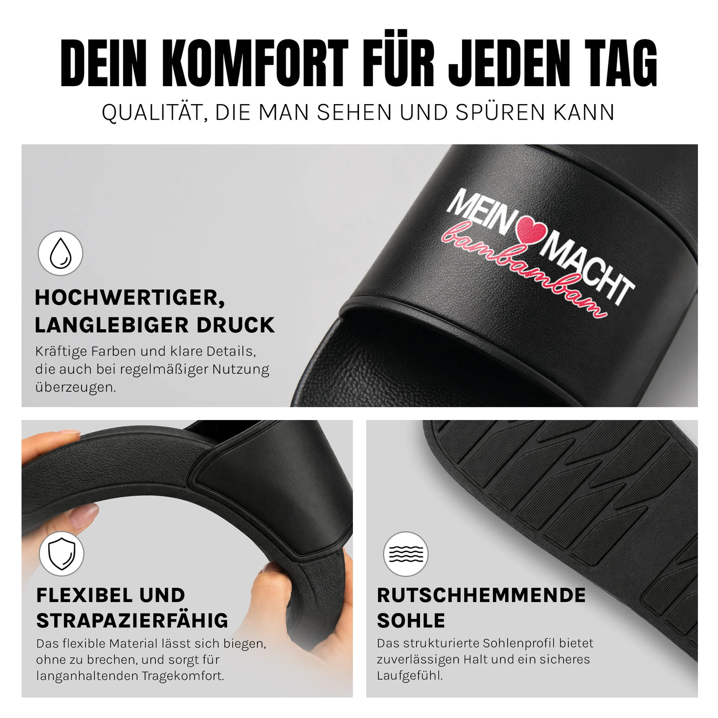 Mein Herz macht bambambam - Badelatschen: Komfort, Druckqualität und rutschhemmende Sohle