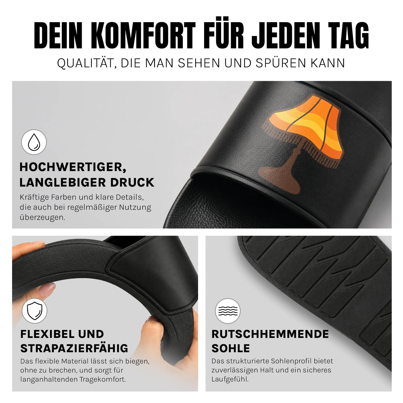 Lampe - Badelatschen: Komfort, Druckqualität und rutschhemmende Sohle