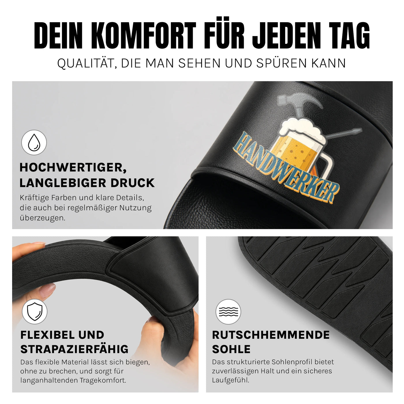 Handwerker - Badelatschen: Komfort, Druckqualität und rutschhemmende Sohle
