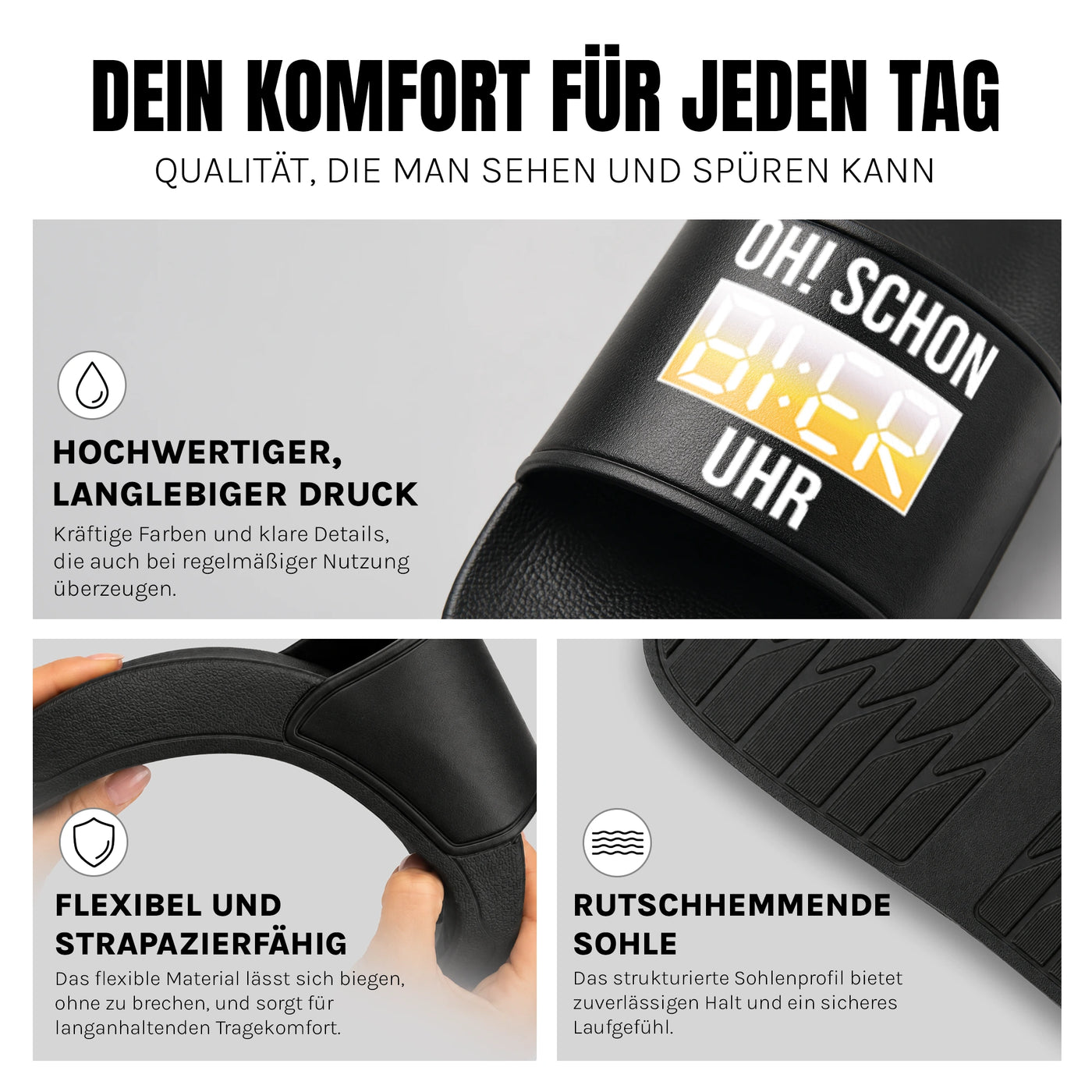 Oh schon Bier Uhr - Badelatschen: Komfort, Druckqualität und rutschhemmende Sohle