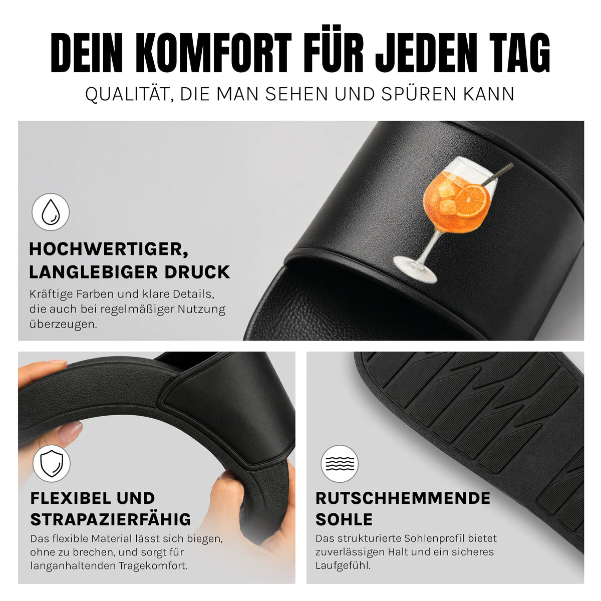 Spritz - Badelatschen: Komfort, Druckqualität und rutschhemmende Sohle