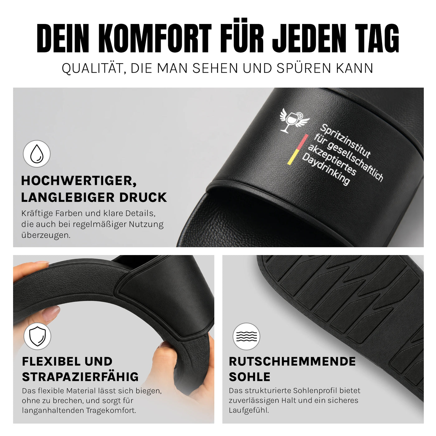 Spritzinstitut - Badelatschen: Komfort, Druckqualität und rutschhemmende Sohle