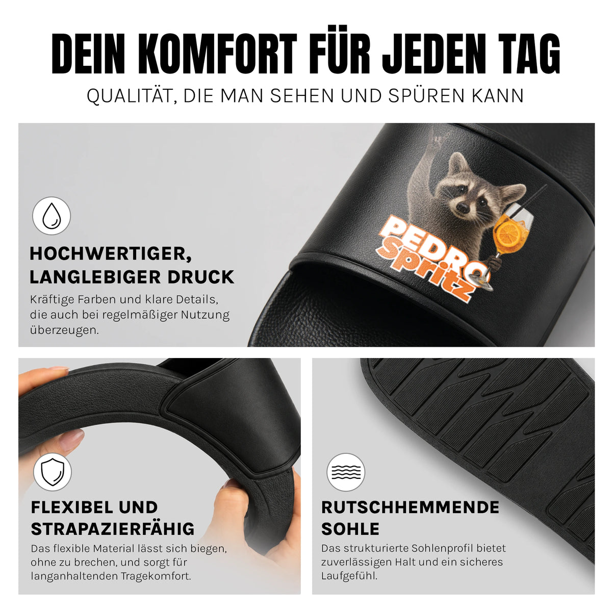 Pedro Spritz - Badelatschen: Komfort, Druckqualität und rutschhemmende Sohle