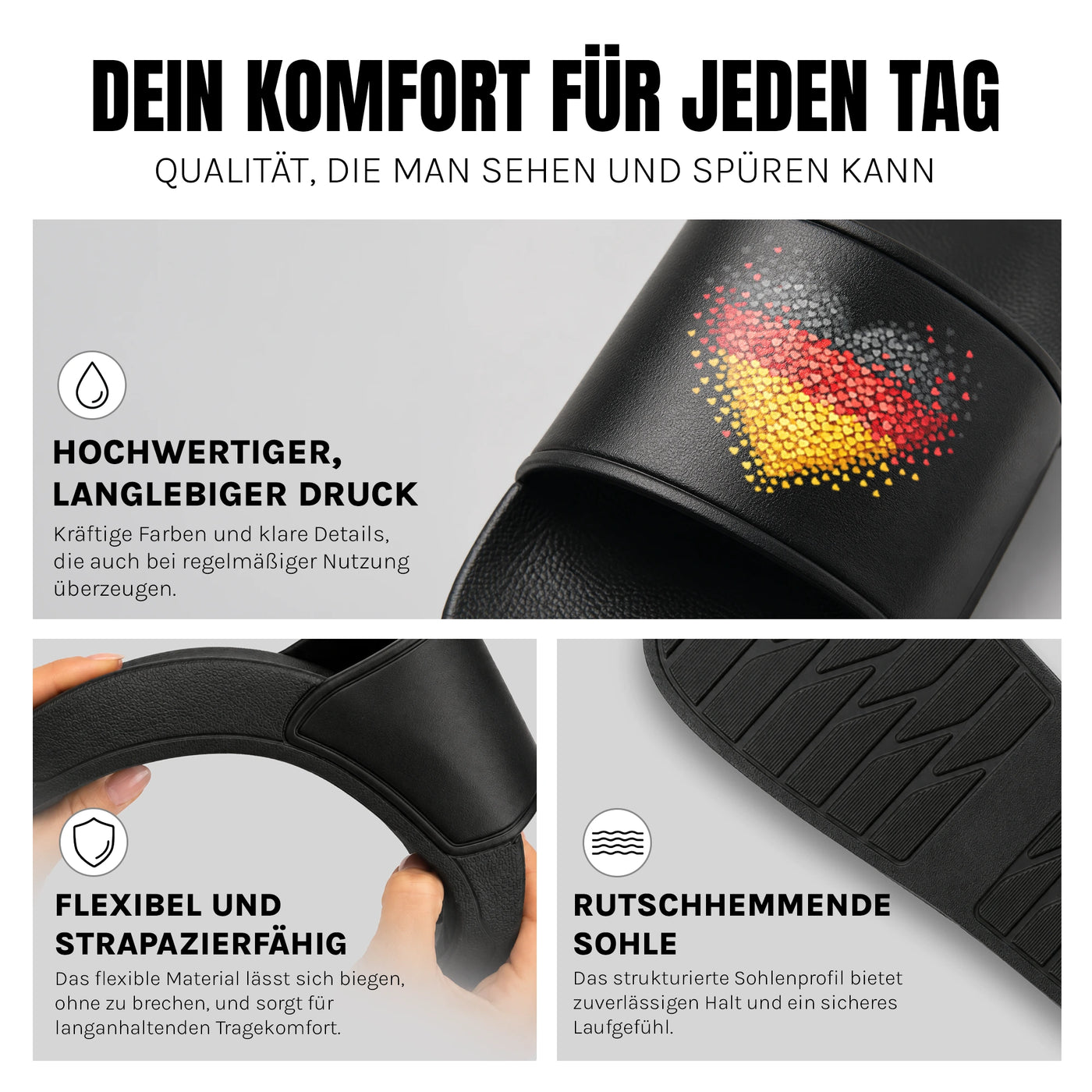 Deutschland Herz - Badelatschen: Komfort, Druckqualität und rutschhemmende Sohle