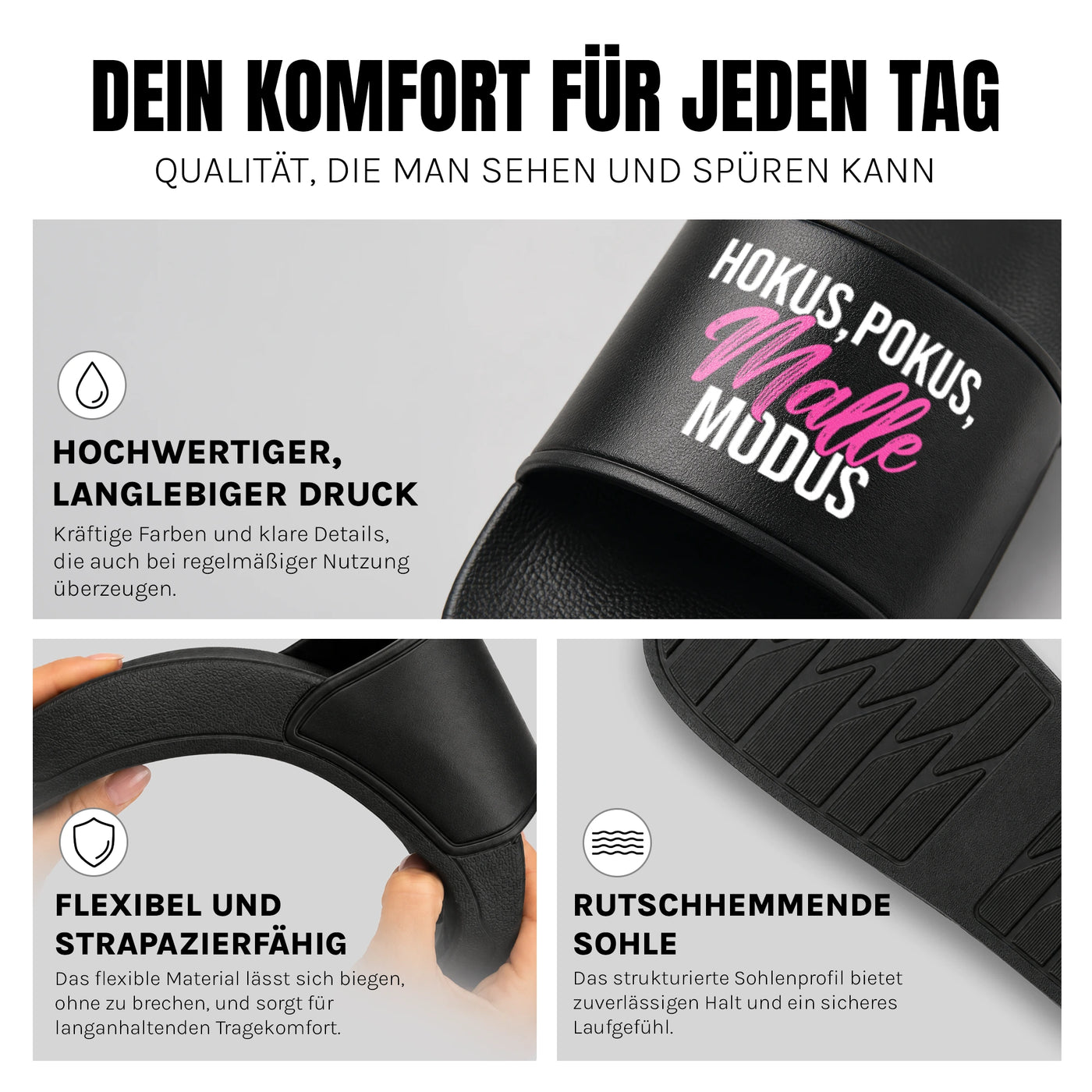 Hokus Pokus Malle Modus - Badelatschen: Komfort, Druckqualität und rutschhemmende Sohle