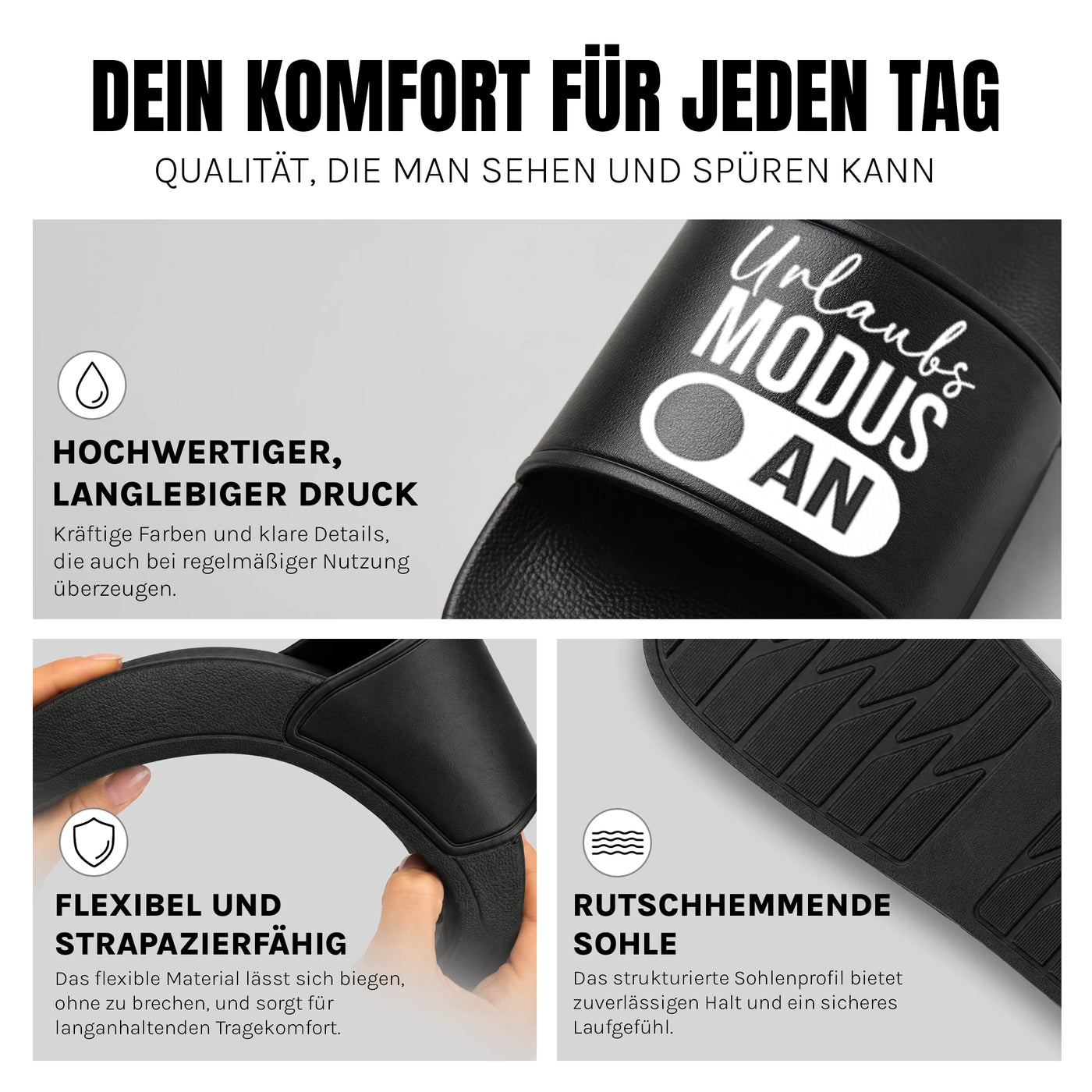 Urlaubsmodus an - Badelatschen: Komfort, Druckqualität und rutschhemmende Sohle