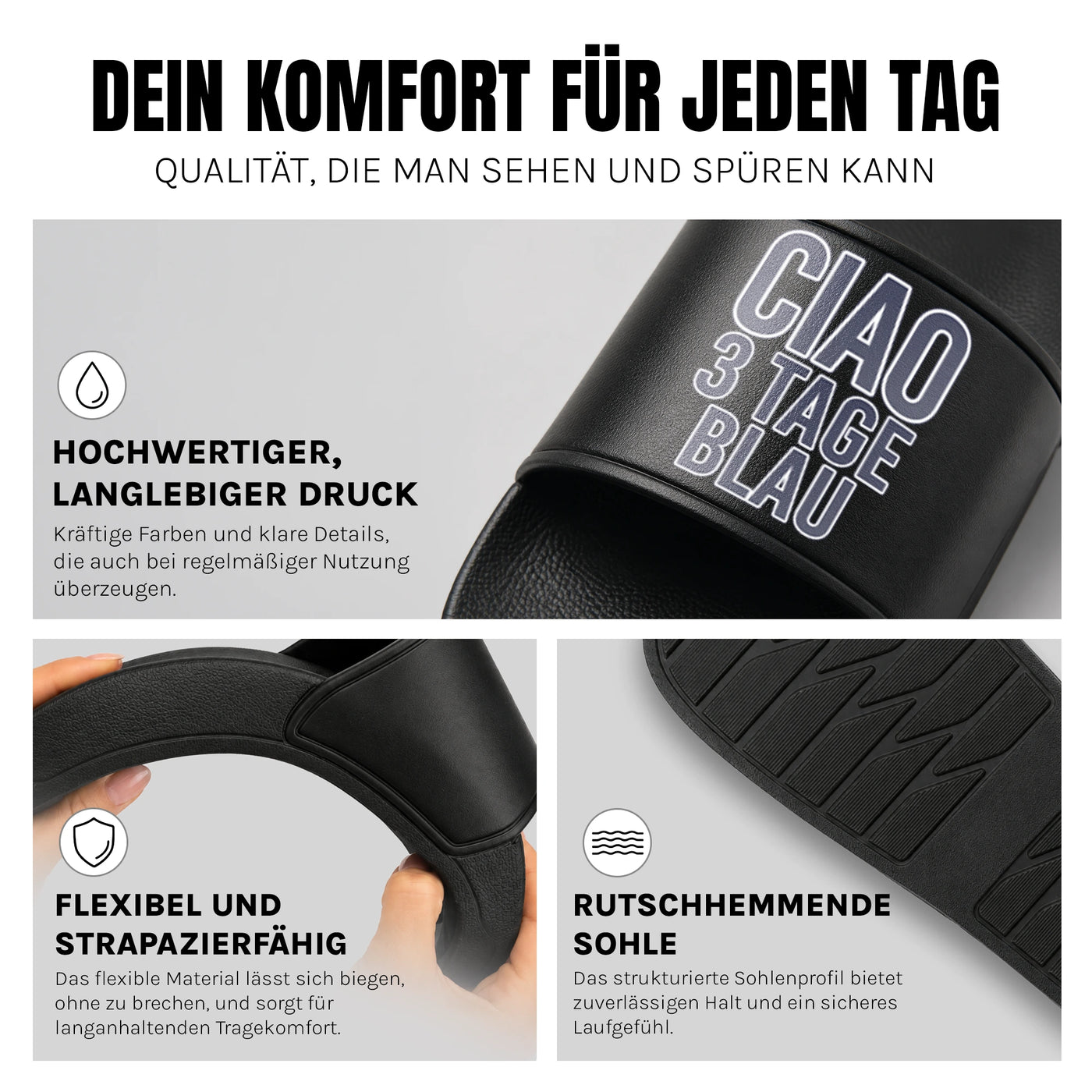 Ciao 3 Tage Blau - Badelatschen: Komfort, Druckqualität und rutschhemmende Sohle