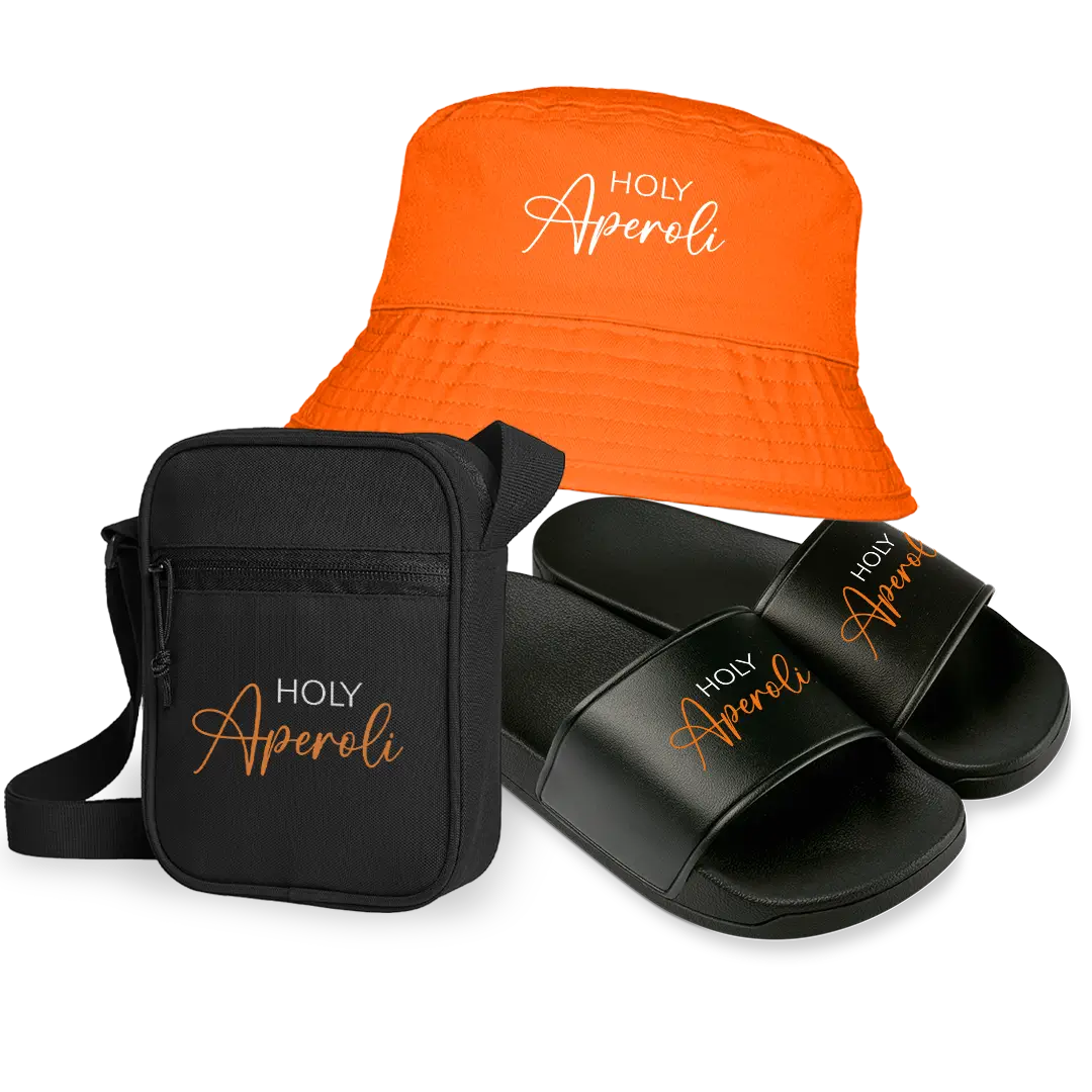 Holy Aperoli Sommer Set mit Tasche, Fischerhut und Badelatschen #farbe_schwarz-orange